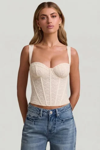Haut corset à armatures en dentelle Junia, couleur ivoire