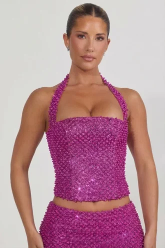 Haut corset à dos nu orné Caralie en magenta