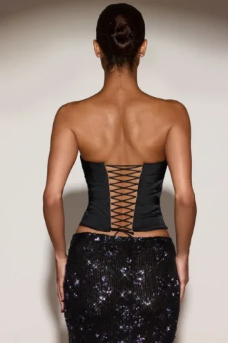 Haut corset drapé en satin Yulea avec laçage, noir et violet