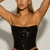 Haut corset drapé orné de perles en argent sterling, noir Haut corset drapé orné de perles en argent sterling, noir
