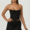 Haut corset drapé orné de perles en argent sterling, noir Haut corset drapé orné de perles en argent sterling, noir