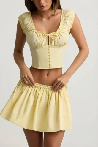 Haut corset en popeline de coton froncée Faela, couleur jaune citron