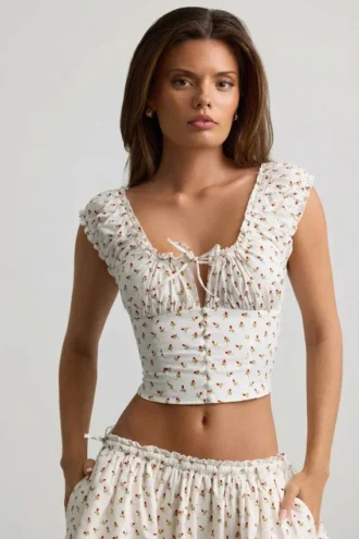 Haut corset en popeline de coton froncée Faela à imprimé de roses