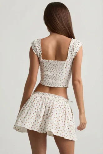 Haut corset en popeline de coton froncée Faela à imprimé de roses
