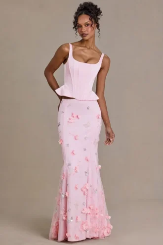 Haut corset à lacets en satin haut de gamme Elvira, couleur rose pâle