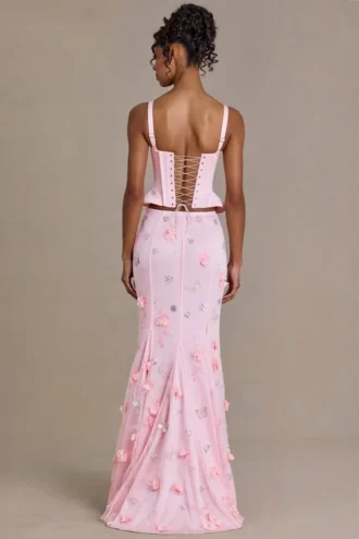 Haut corset à lacets en satin haut de gamme Elvira, couleur rose pâle