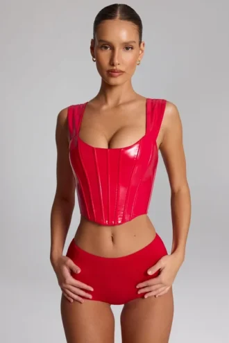 Haut corset à lacets en vinyle Lamiya, couleur rouge feu