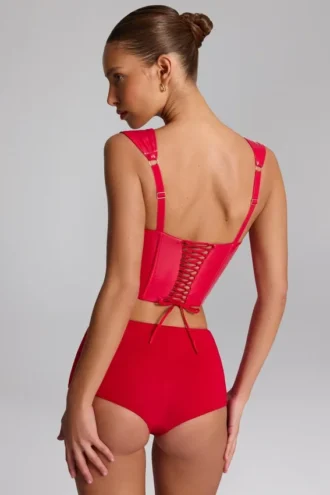 Haut corset à lacets en vinyle Lamiya, couleur rouge feu