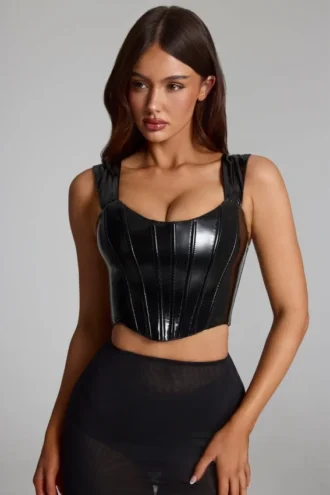 Haut corset à lacets en vinyle Lamiya, noir