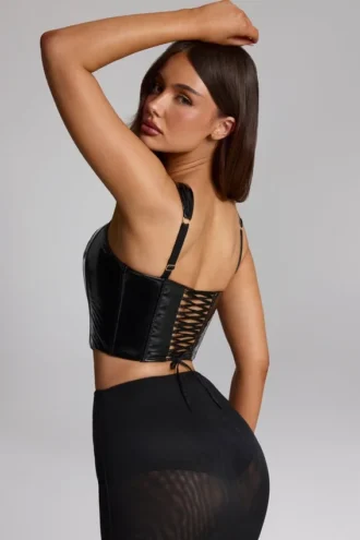 Haut corset à lacets en vinyle Lamiya, noir