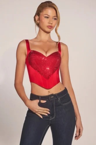 Haut corset à lacets et encolure en cœur Allure, couleur rose rouge