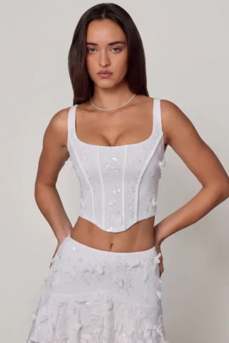 Haut corset à lacets orné Letitia en blanc