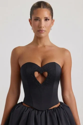 Haut corset sans bretelles Amora avec découpe en forme de cœur et ornements, noir