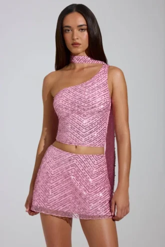Haut Cosette asymétrique orné d&rsquo;un détail foulard, rose
