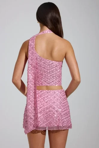 Haut Cosette asymétrique orné d&rsquo;un détail foulard, rose