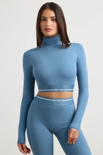 Haut court à col roulé et dos nu, manches longues, bleu acier