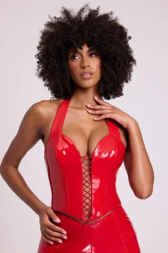 Haut court corset en vinyle à dos nu et lacets Ophelia, couleur rouge feu