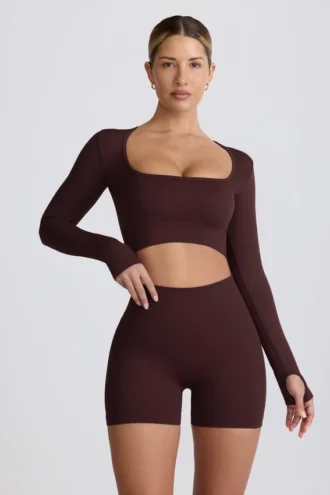 Haut court à manches longues sans coutures Super Sculpt, couleur chocolat