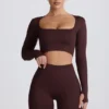 Haut court à manches longues sans coutures Super Sculpt, couleur chocolat Haut court à manches longues sans coutures Super Sculpt, couleur chocolat