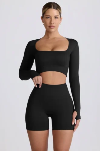 Haut court à manches longues sans coutures Super Sculpt en noir