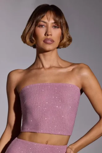 Haut court sans bretelles Odetta orné de strass, rose pâle Haut court sans bretelles Odetta orné de strass, rose pâle