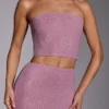 Haut court sans bretelles Odetta orné de strass, rose pâle