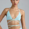 Haut de bikini à bretelles croisées orné Liberty, bleu glacier