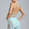 Haut de bikini à bretelles croisées orné Liberty, bleu glacier