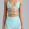 Haut de bikini à bretelles croisées orné Liberty, bleu glacier