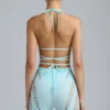 Haut de bikini à bretelles croisées orné Liberty, bleu glacier