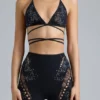 Haut de bikini à bretelles croisées ornées Liberty, noir