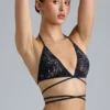 Haut de bikini à bretelles croisées ornées Liberty, noir