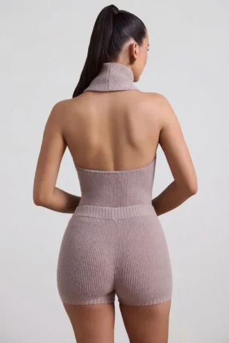 Haut dos nu à col roulé en maille côtelée Sakari, couleur taupe