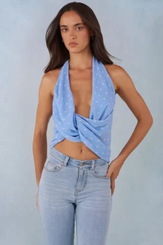 Haut dos nu à décolleté plongeant Maraya, imprimé à pois bleus