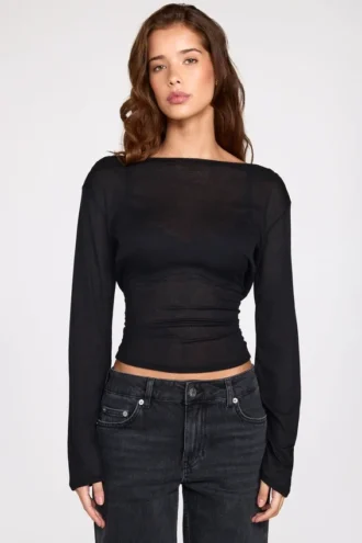 Haut dos nu à manches longues en jersey transparent Nari, noir