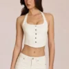 Haut en denim Elowis style corset à dos nu, couleur ivoire Haut en denim Elowis style corset à dos nu, couleur ivoire