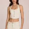 Haut en denim Elowis style corset à dos nu, couleur ivoire Haut en denim Elowis style corset à dos nu, couleur ivoire