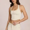 Haut en denim Elowis style corset à dos nu, couleur ivoire Haut en denim Elowis style corset à dos nu, couleur ivoire