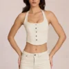 Haut en denim Elowis style corset à dos nu, couleur ivoire Haut en denim Elowis style corset à dos nu, couleur ivoire