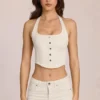 Haut en denim Elowis style corset à dos nu, couleur ivoire Haut en denim Elowis style corset à dos nu, couleur ivoire