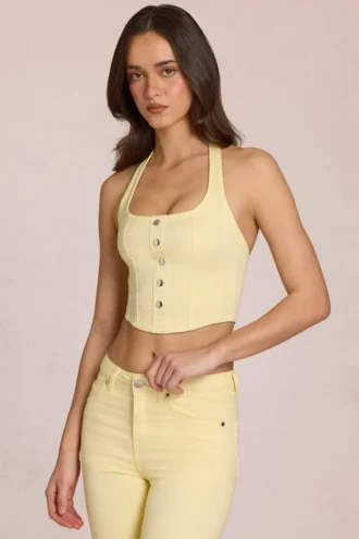 Haut en denim Elowis style corset à dos nu, couleur jaune citron