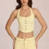 Haut en denim Elowis style corset à dos nu, couleur jaune citron Haut en denim Elowis style corset à dos nu, couleur jaune citron