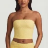 Haut en dentelle sans bretelles à fronces Tamia, jaune pastel Haut en dentelle sans bretelles à fronces Tamia, jaune pastel