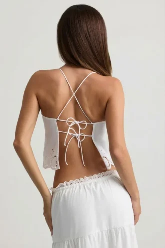 Haut en popeline de coton à dos nu et dentelle ajourée Vasilia, blanc
