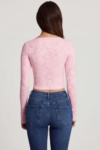 Haut à manches longues en dentelle transparente à encolure plongeante Lioren, couleur rose