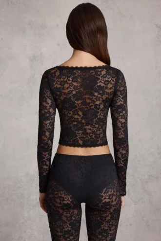 Haut à manches longues en dentelle transparente à encolure plongeante Lioren, noir
