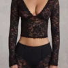 Haut à manches longues en dentelle transparente à encolure plongeante Lioren, noir Haut à manches longues en dentelle transparente à encolure plongeante Lioren, noir