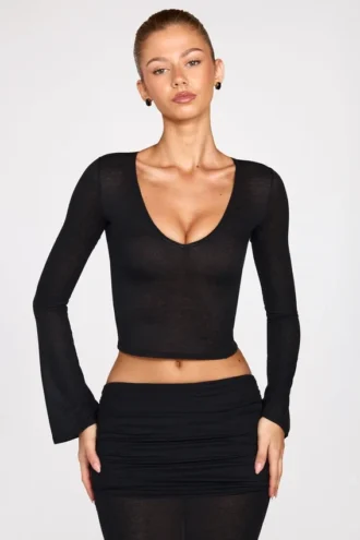 Haut à manches longues en jersey transparent Liah, décolleté plongeant, noir