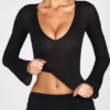 Haut à manches longues en jersey transparent Liah, décolleté plongeant, noir Haut à manches longues en jersey transparent Liah, décolleté plongeant, noir