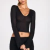 Haut à manches longues en jersey transparent Liah, décolleté plongeant, noir Haut à manches longues en jersey transparent Liah, décolleté plongeant, noir